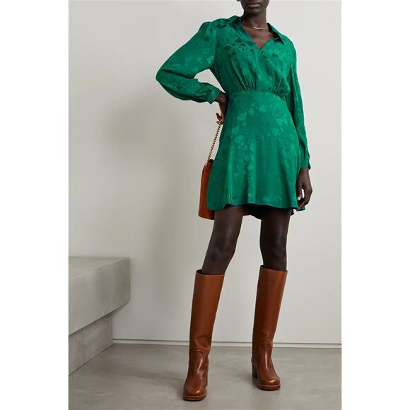 RIXO LONDON Indy Green Floral Satin Jacquard Long Sleeve Mini Dress US MEDIUM - Picture 3 of 14